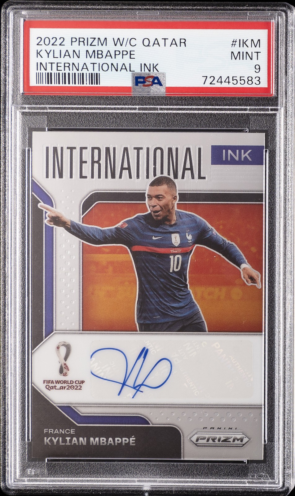 2022 PANINI PRIZM WORLD CUP QATAR INTERNATIONAL INK #IKM KYLIAN MBAPPE PSA 9