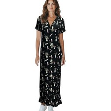 Vintage 90s Caren Desiree CDC Maxi Dress 14 Black Flower Vases Retro Cottage