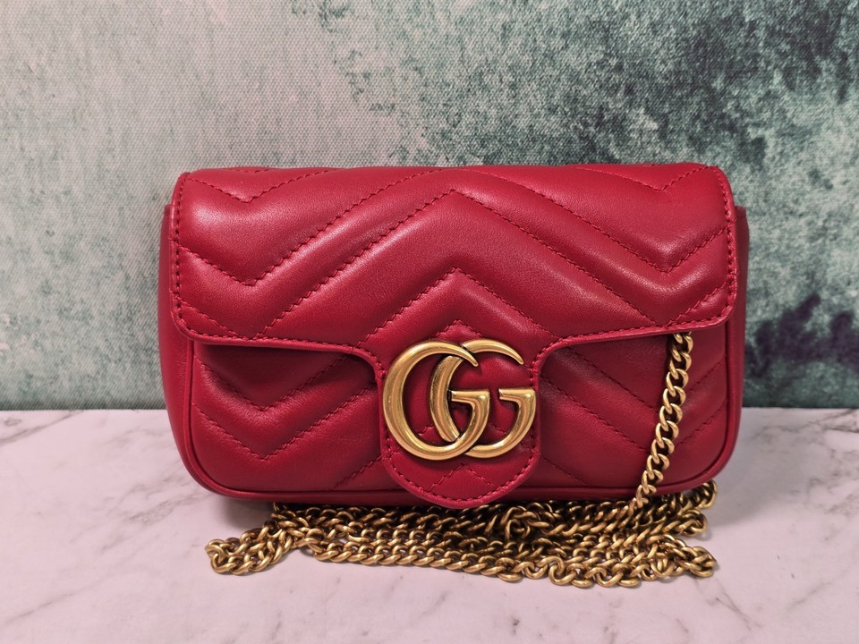 Gucci GG Marmont Super Mini Red Matelassé Leather Gold Chain Bag