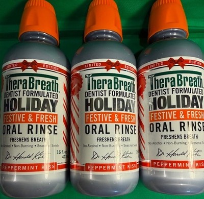 3 Lg Bottles TheraBreath HOLIDAY Oral Rinse PEPPERMINT KISS Flavored SHIPS FREE