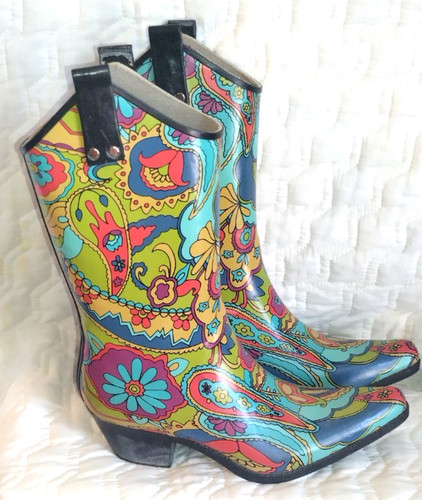 Nomad Boots Womens Size 9 Yippy Paisley Cowboy Rain Rubber Pull On Art To Wear