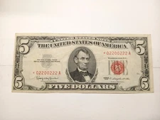 * STAR - BINARY NOTE VF** $5 -1963 FANCY SERIAL NUMBER (*02200222A