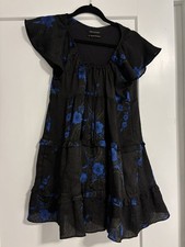 Urban Outfitters Floral Black Blue Tiered Ruffled Tie Bea Babydoll Mini Dress S