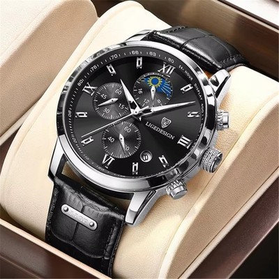 LIGE Men Quartz Watch Roman Numerals Wristwatch Big Boy Leather Sport Watches