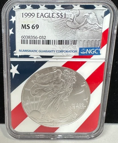 1999 $1 AMERICAN SILVER EAGLE NGC MS69 USA FLAG CORE HOLDER