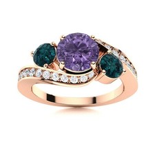 925 Silver Rose Plated 5MM Round Amethyst  London Blue Topaz Three Stone Ring