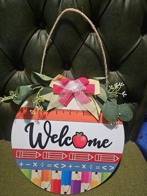 Wooden Welcome Sign for Teachers Classroom eucalyptus apple math pencils