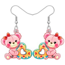 Valentines Acrylic Pink Toy Bear Heart Earrings Dangle Cute Jewelry Charms Gifts