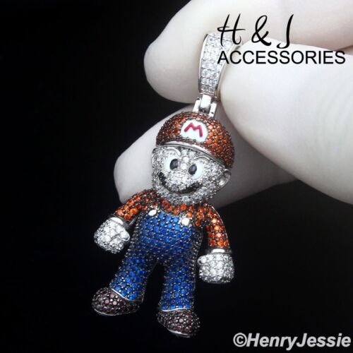 925 STERLING SILVER ICY BLING CZ HIPHOP 3D SUPER MARIO CARTOON PENDANT*ASP499 - Picture 2 of 5