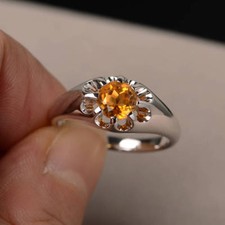 1ct Lab-Created Citrine Floral Solitaire Engagement Ring White Gold Plated