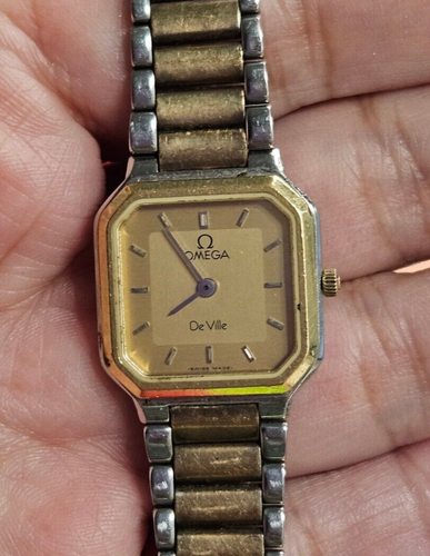 Omega De Ville cal. 1450 Quartz Watch Ladies Gold Dial Stainless Steel Vintage