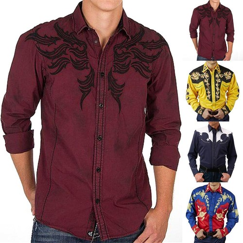 Floral Luxury Men Western Cowboy Long Sleeve Button Up Shirt Mexican Dress - Picture 8 of 15