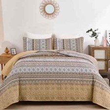 Quilt Set Queen Size, Bohemian Stripe 3 Pieces Quilts Queen 96"x90" Brown