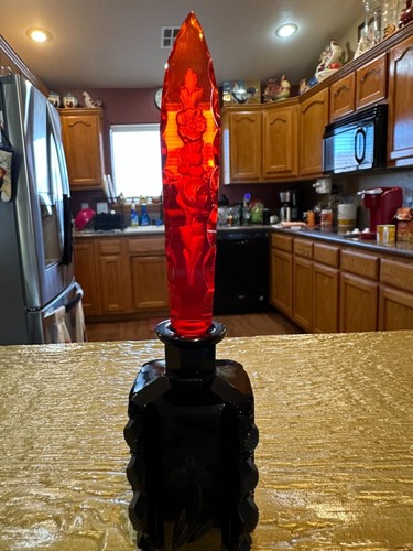 RARE VTG Czech Rose Floral Glass Perfume Bottle With Red Stopper 6.25" Tall READ