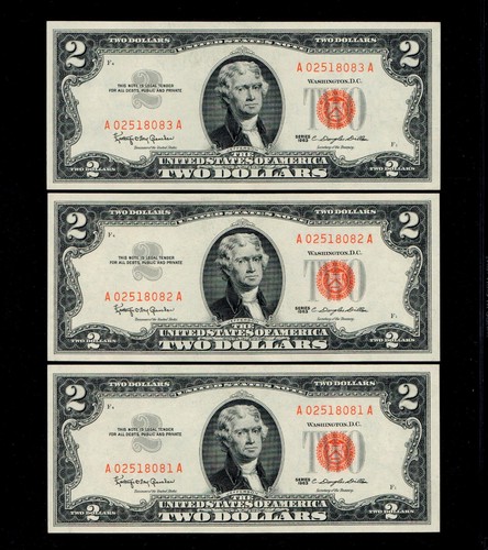 3 Pcs $2 1963 United States Note Red Seal GEM UNC X 3 Sequentially Numbered (H73 - Picture 1 of 2