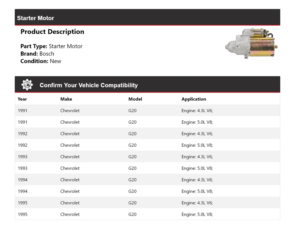 Arranque para Chevrolet G20 Bosch 1991-1995 (nuevo) 1992 1993 1994 Foto 2 de 4