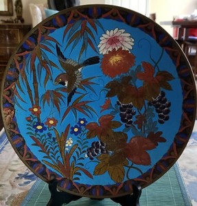 17TH - 18TH CENTURY CHINESE CLOISONNE 12" PLATE CHARGER BIRD BAMBOO GRAPES