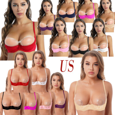 US Womens Sexy Bra Tops Underwire Lace Lingerie 1/4 Cups Bared Breast Brassiere