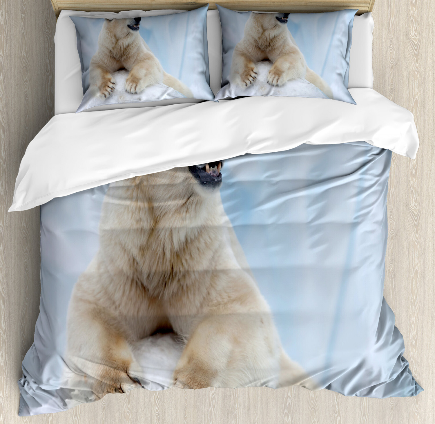 Zoo Duvet Cover Set with Pillow Shams White Polar Bear on Ice Print-image