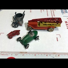 Orig Antique C 1920s Small Metal Vehicles Toys - Fire Truck Racing Car More