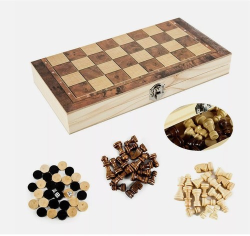 3in1 Folding Wooden Chess Set Board Game Checkers Backgammon Draughts ...