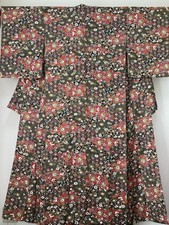 Vintage Japanese Kimono Silk Floral Pattern Black Red Traditional Robe