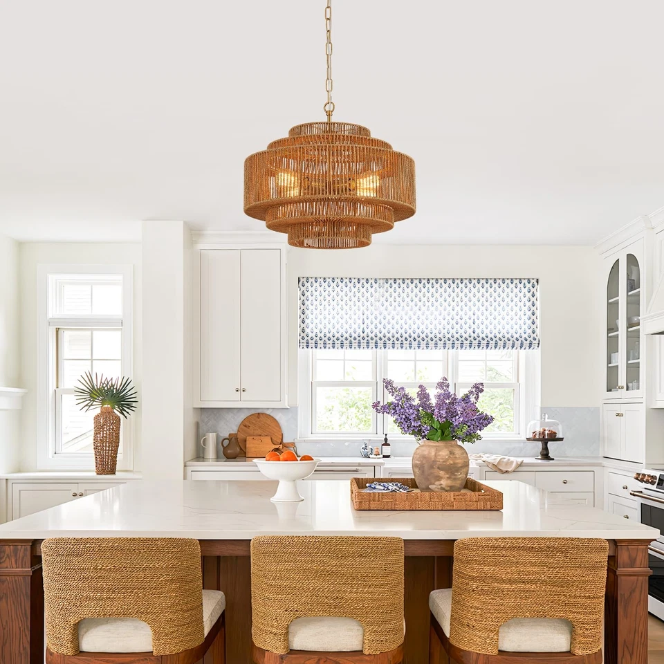 Araña de ratán tejida a mano comedor boho 20 pulgadas bambú granja... Foto 3 de 4