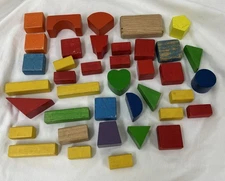 Vintage Lot Of Colorful Wood Building Blocks Assorted Sizes Shaped Colors Old
