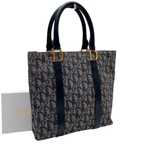 Christian Dior Tote Bag Canvas Leather Navy Trotter Pattern From Japan Authentic
