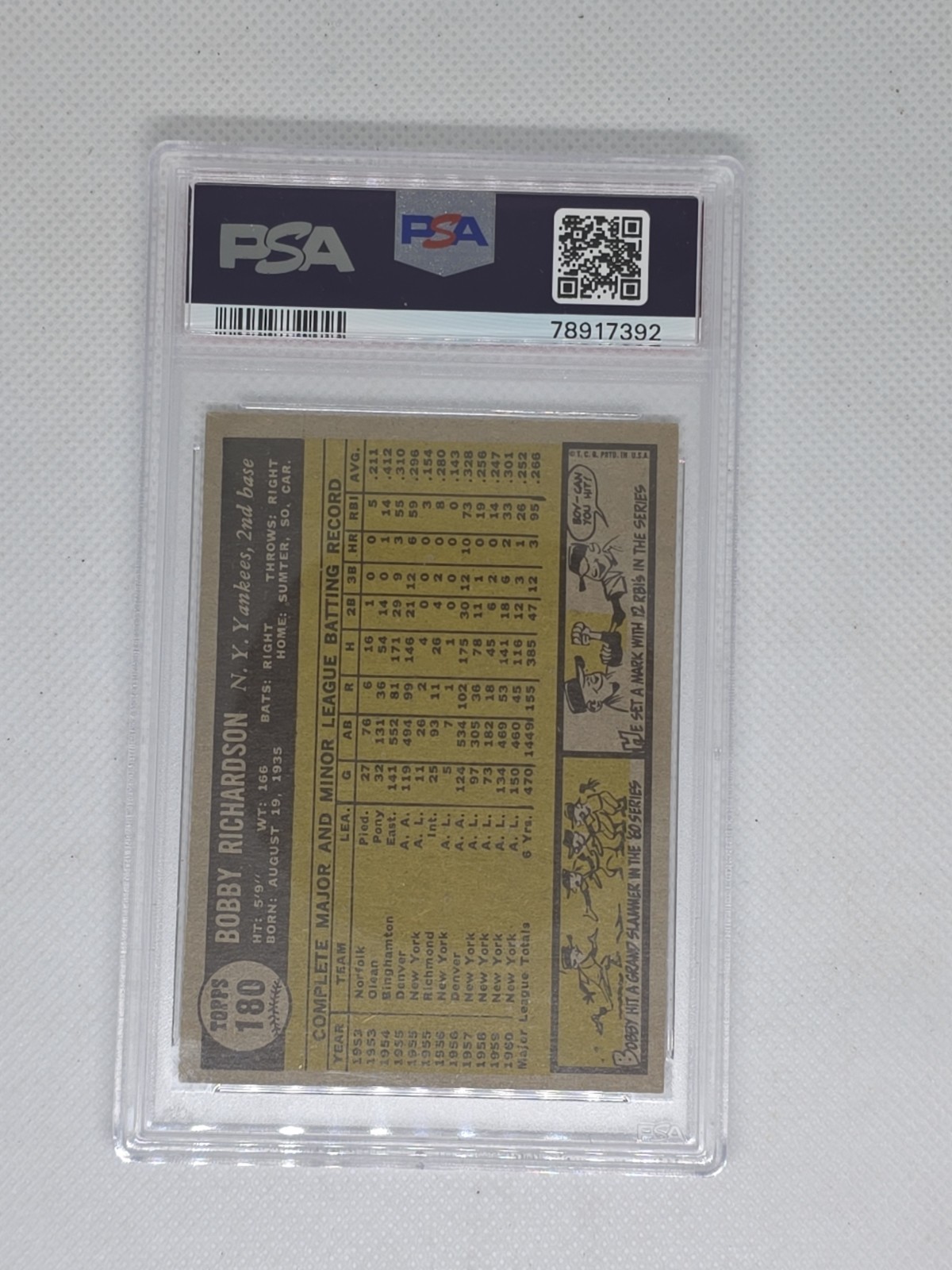 1961 Topps #180 Bobby Richardson New York Yankees Vintage Baseball Card PSA 5 EX view 3