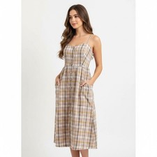 Plaid Button Front Italy Cotton Midi Dress Pink Mustard Cottagecore 14 Prairie