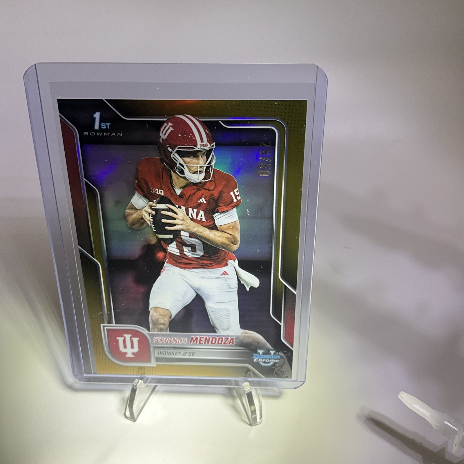 Fernando Mendoza 2025 1st Bowman Chrome U Gold Refractor 28/50 Heisman Indiana