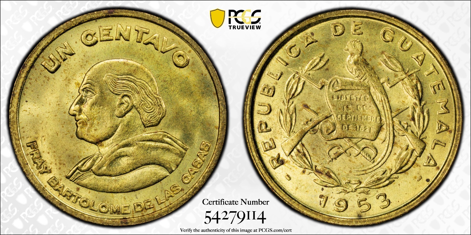 Guatemala 1 Centavo 1953 PCGS MS 65