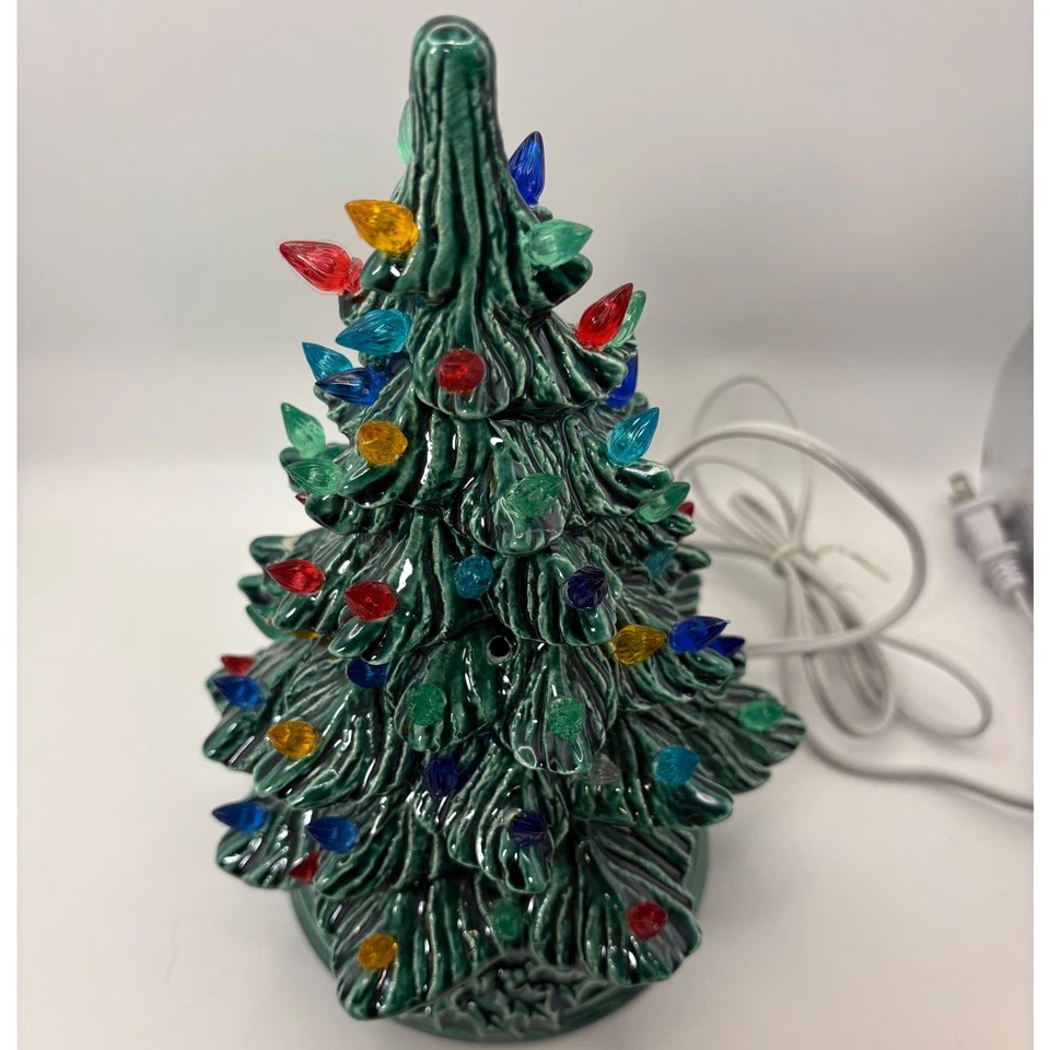 Vintage Ceramic Christmas Tree Light Up Green Glaze Multicolor MCM READ - Image 2 of 4