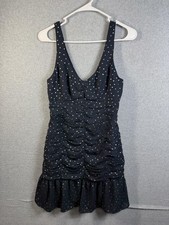 BCBGeneration Dress Womens 4 Black Polka Dot Ruched Ruffle Hem Bodycon Mini