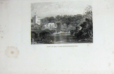 Alter antiker Druck Wales Ansicht Teil Bala Lake Merionethshire Castle River