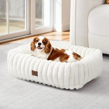 Small/Medium Dogs Calming Pet Bed Cream Corduroy Fleece, Non-Skid Washable 