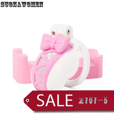 New Pink Bow Chastity Cage Sissy Hidden Lower Cage with 4 Size Rings
