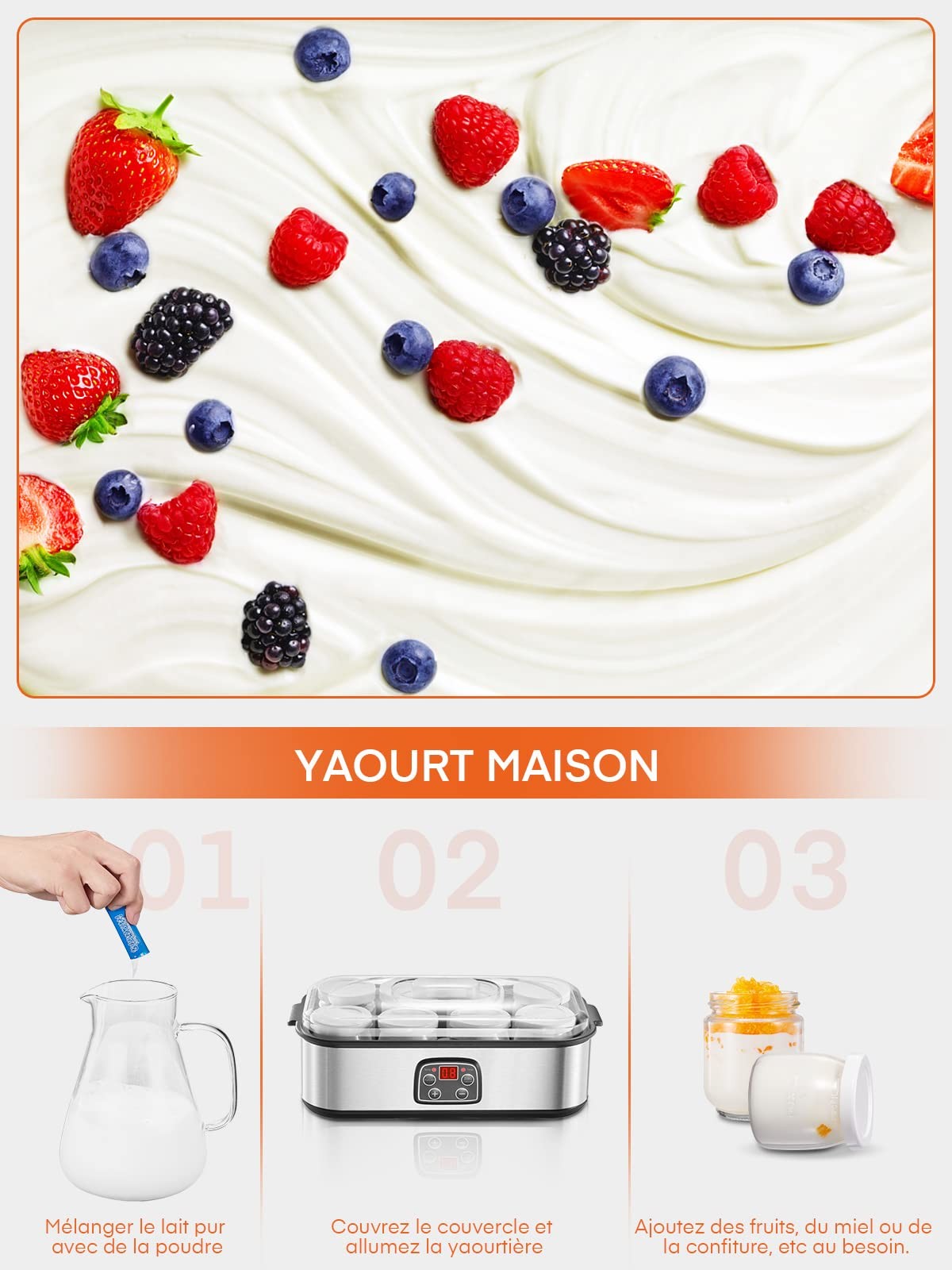 Yaourtière 8 pots 180ml avec écran de programmation pour yaourt maison