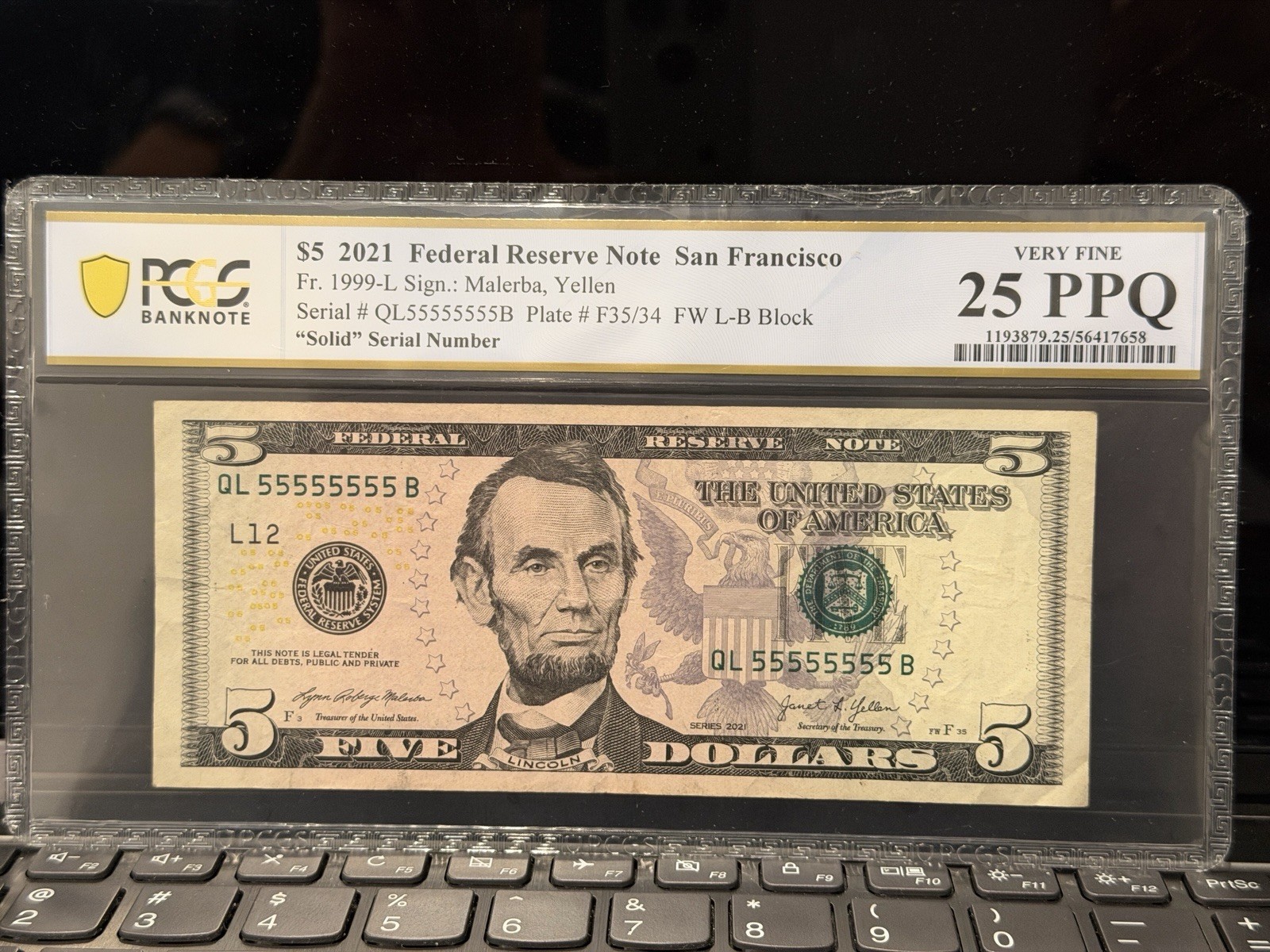 $5 2021 Federal Reserve Fancy Serial #     QL 55555555 B  "Solid" Serial Number