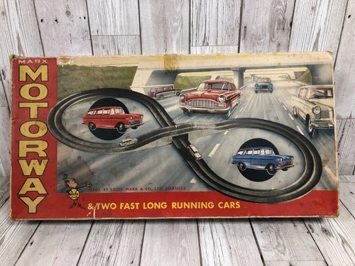 Vintage Marx Motorway Clockwork Race Track & Three Cars - Only One Car Working