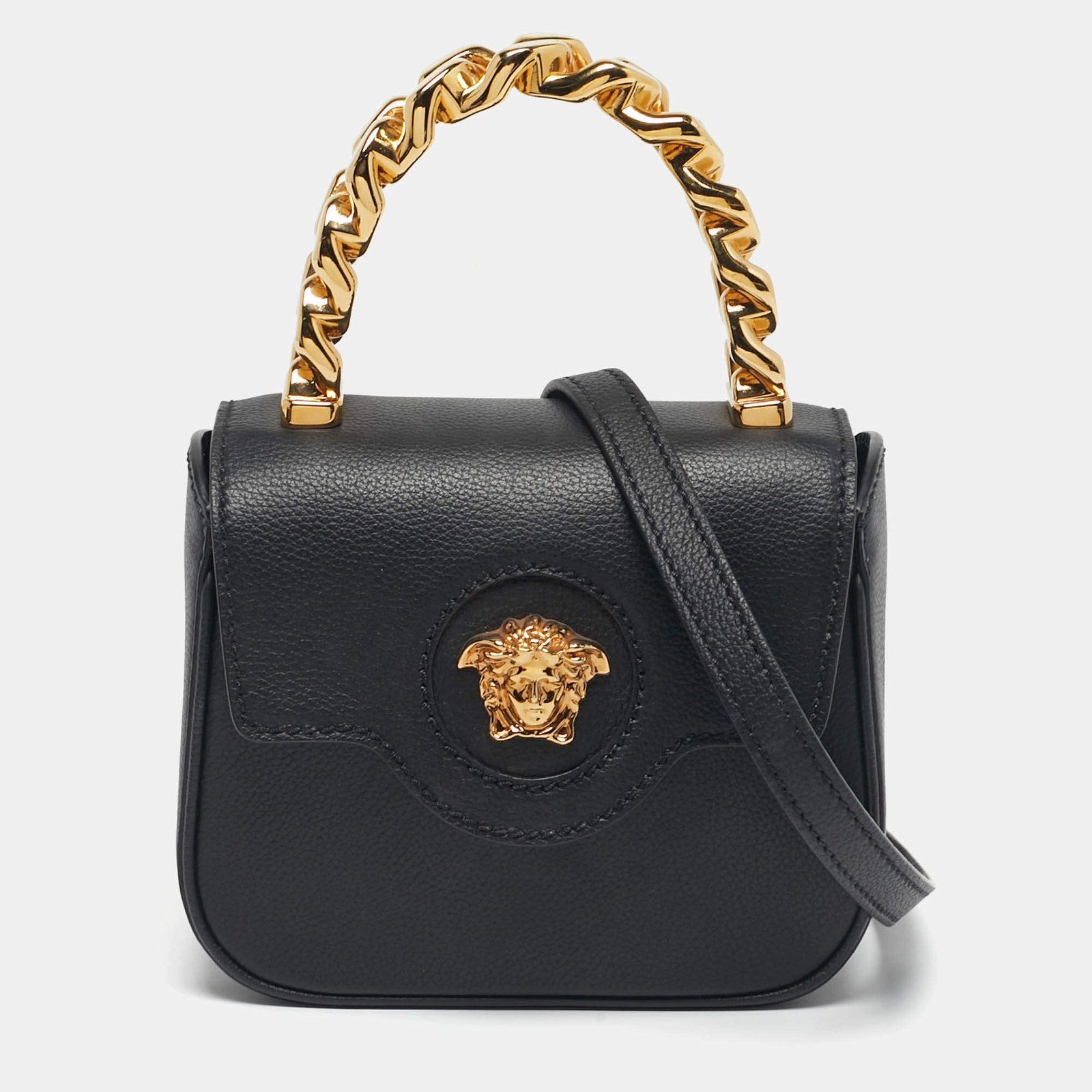 Versace La Medusa Mini Black Leather Top Handle Bag