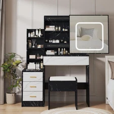 Vanity Desk with Sliding Mirror and Lights, Makeup Vanity Set with 4 Drawers, M