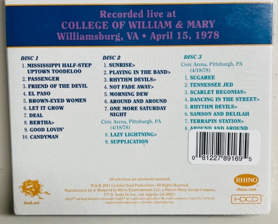 GRATEFUL DEAD Dave's Picks Vol 37 4/15/78 Williamsburg, VA  - SEALED - BRAND NEW Foto 2 de 4