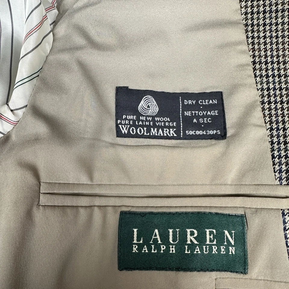 Abrigo Blazer Deportivo Ralph Lauren Para Hombres 38R Pata de Gallo Lana Marrón Carrera Negocios Foto 4 de 4