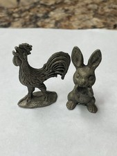Vintage Miniature Pewter Rooster & Bunny Rabbit