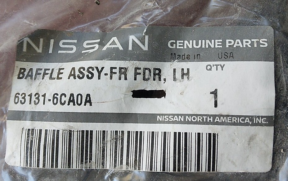 New Genuine Nissan Baffle - Front Fender, Lh 631316CA0A / 63131 