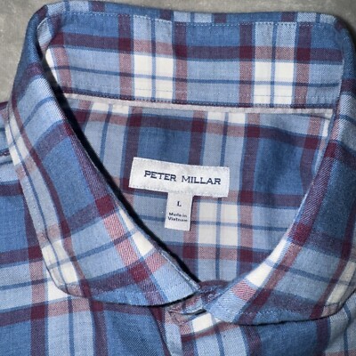 Peter Millar Shirt Adult L Blue Red Plaid Long Sleeve Button Front Casual Mens