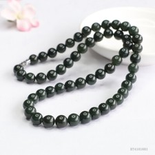 8mm Certified Natural dark Green Hetian nephrite Jade Necklace Handmade 20  