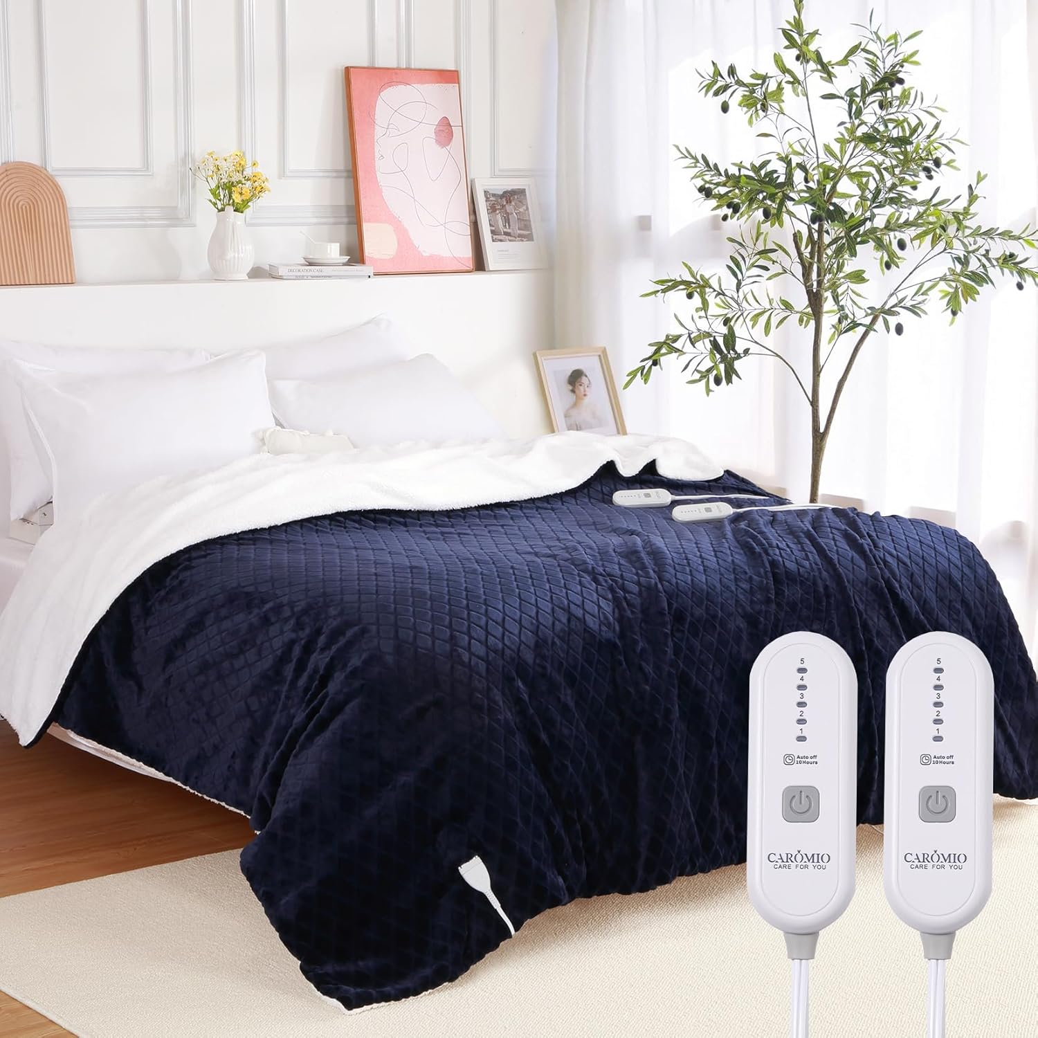 Heated Electric Blanket Throw Queen Size with Dual Control, Flannel Sherpa Heati-image